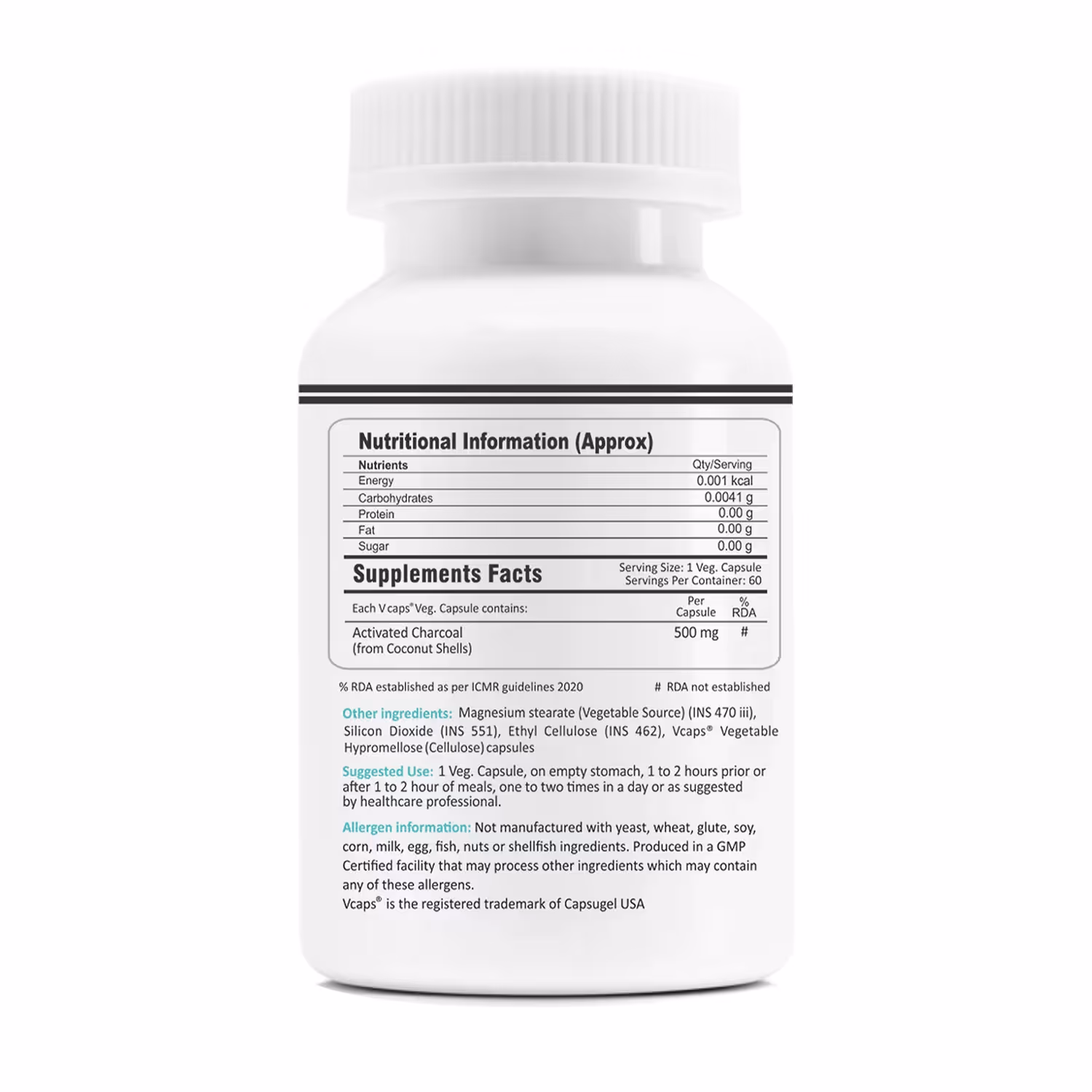 The back cover of FM Nutrition Activated Charcoal Capsules box enlisting the ingredients.