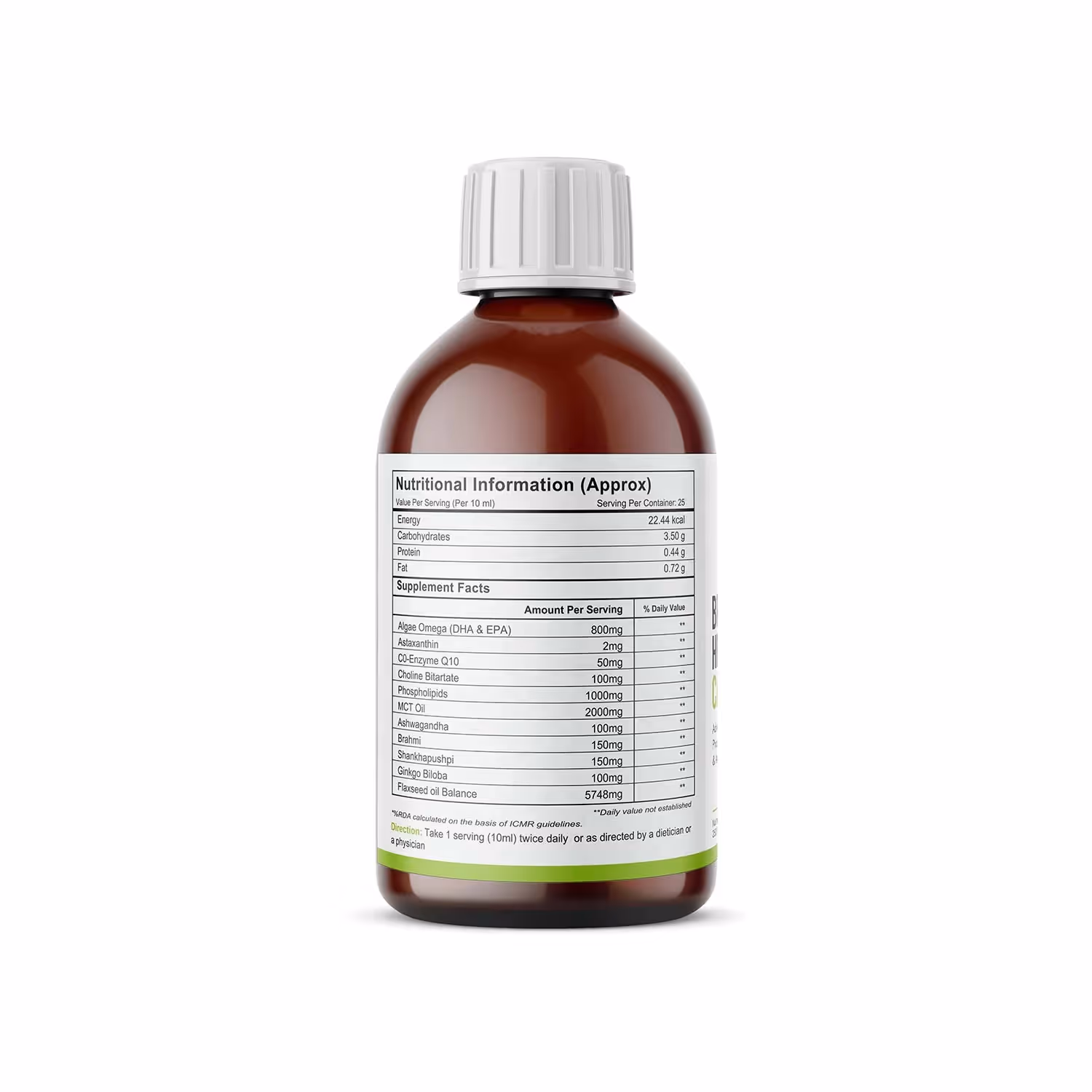 The back cover of Brain + Heart Care Supplement Bottle featuring ingredients.