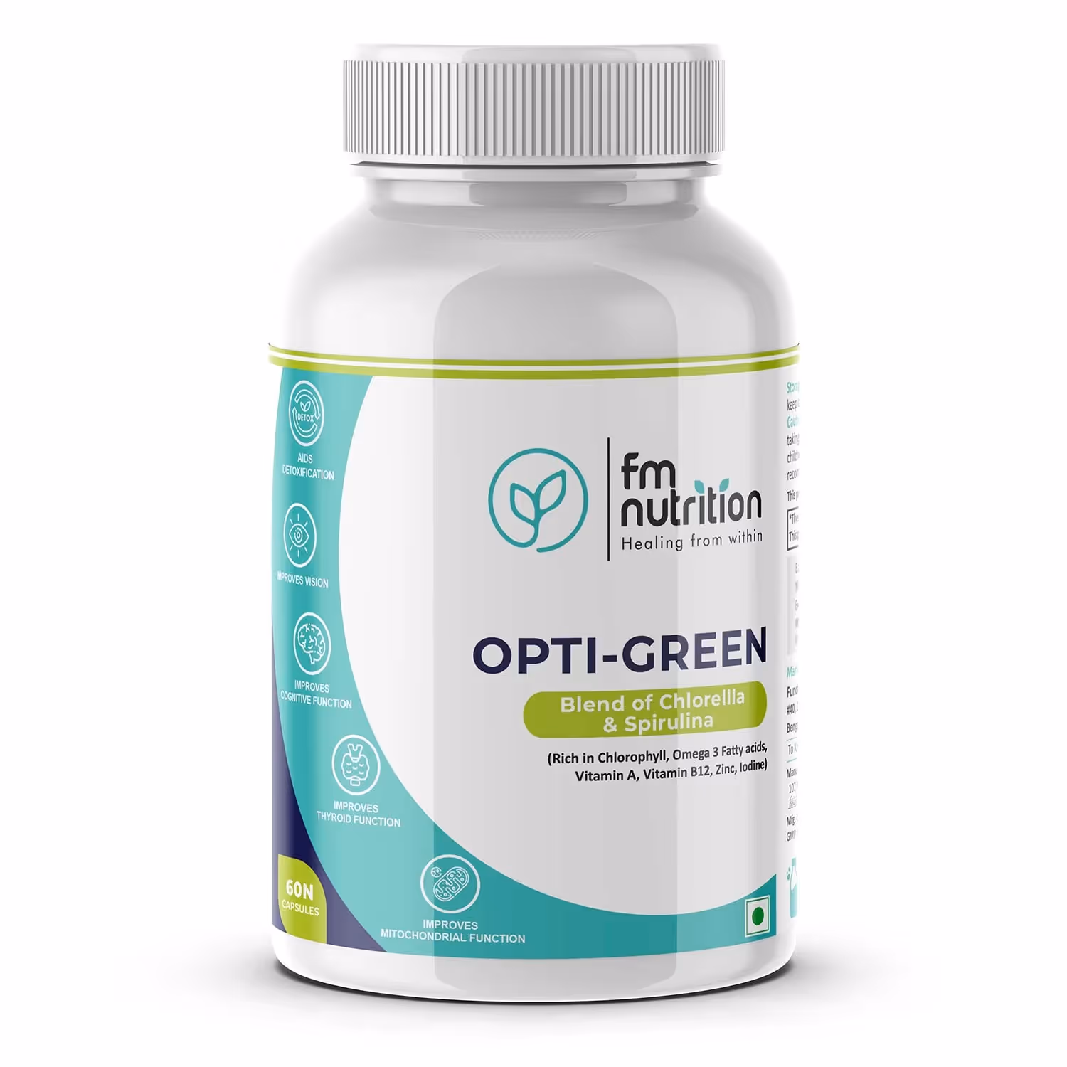 A box of FM Nutrition Opti-Green Capsules featuring its unique features & benefits.