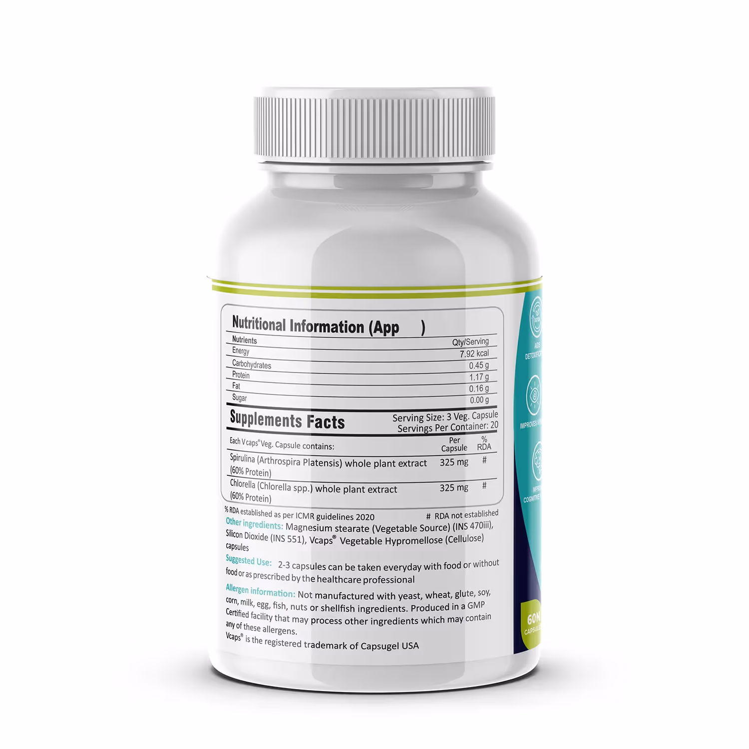 The back cover of FM Nutrition Opti-Green Capsule box enlisting its ingredients.