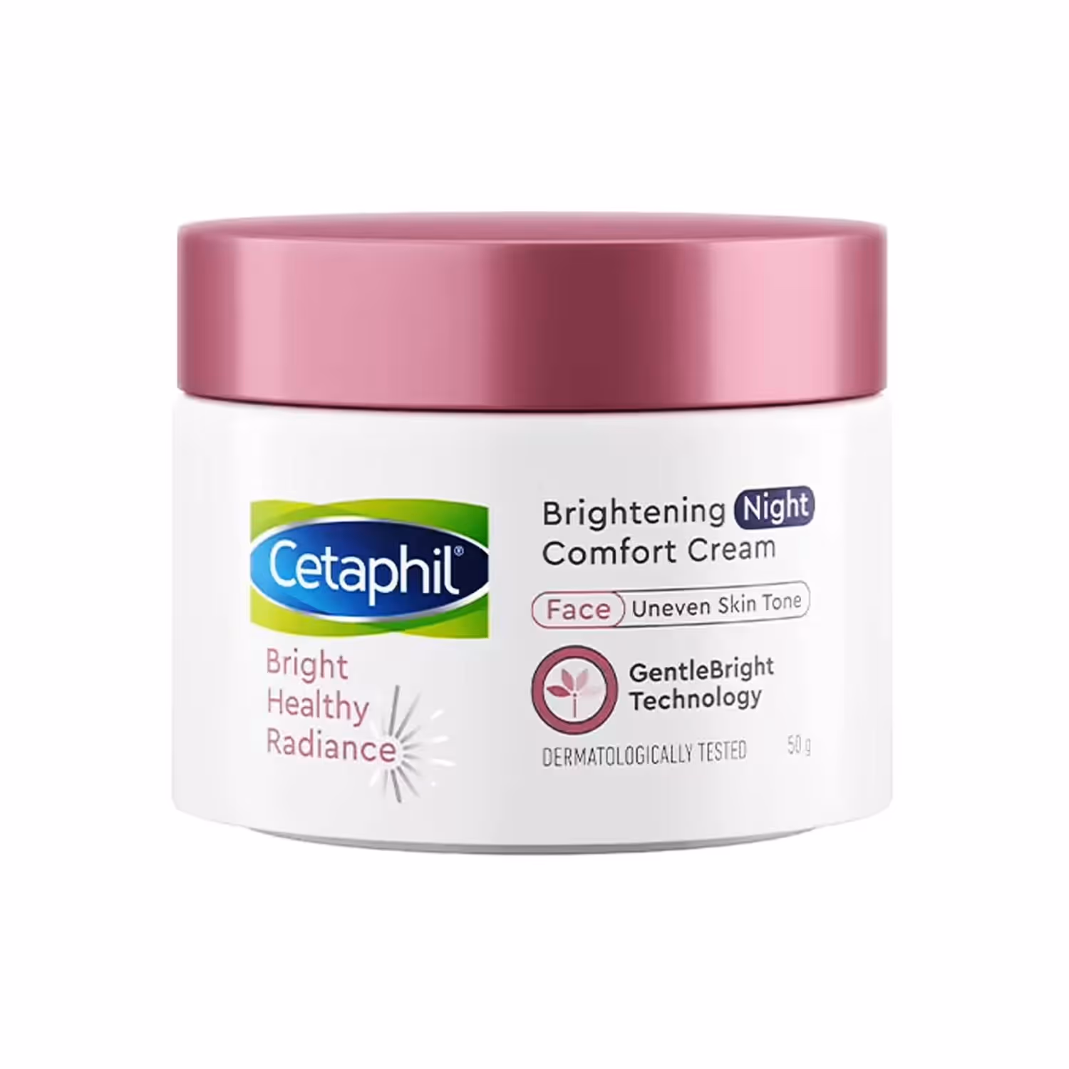 The round white jar of Cetaphil Brightening Night Comfort Cream with pink lid.