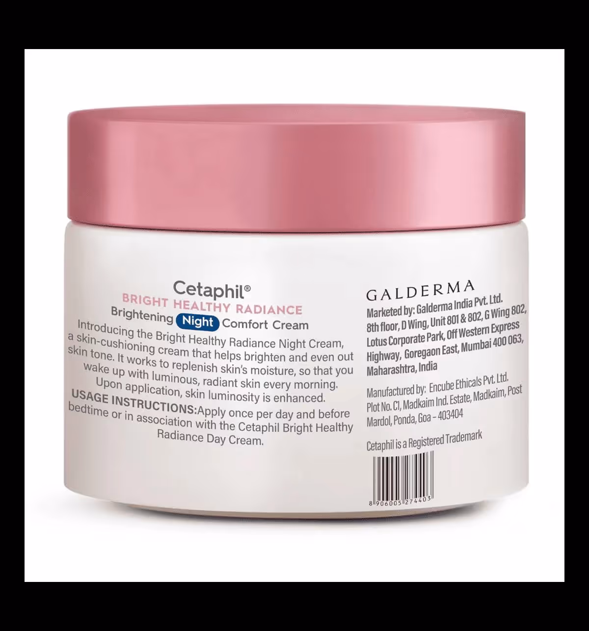 The back cover of Cetaphil Brightening Night Comfort Cream jar.