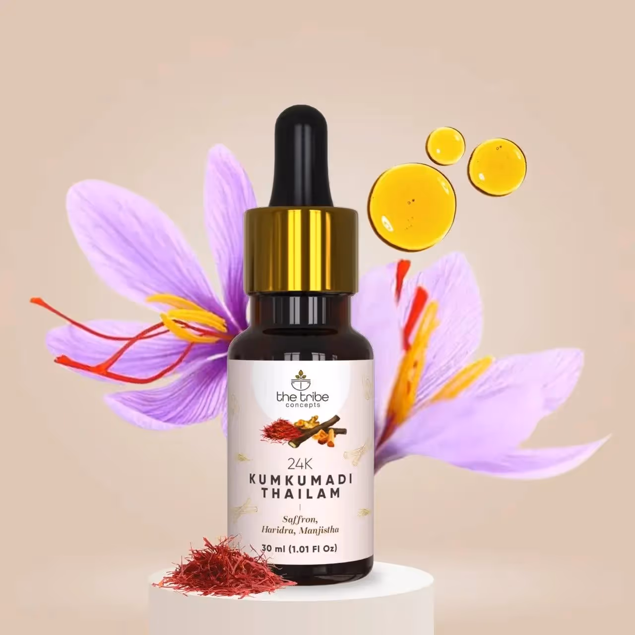A 30 ml of The Tribe 24K Kumkumadi Thailam glass bottle with dropper cap.