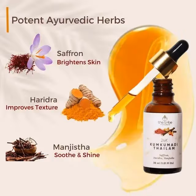 The Kumkumadi Thailam glass bottle artboard featuring the potent Ayurvedic herbs used in the product.