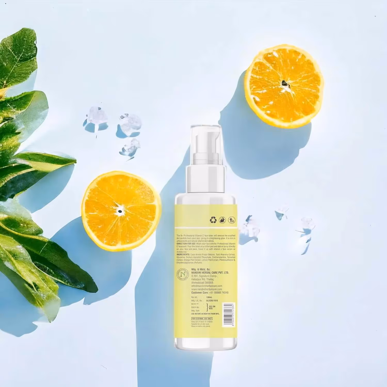 The back cover of N+ Professional Vitamin C Toner bottle featuring the list of ingredients & direction of use.