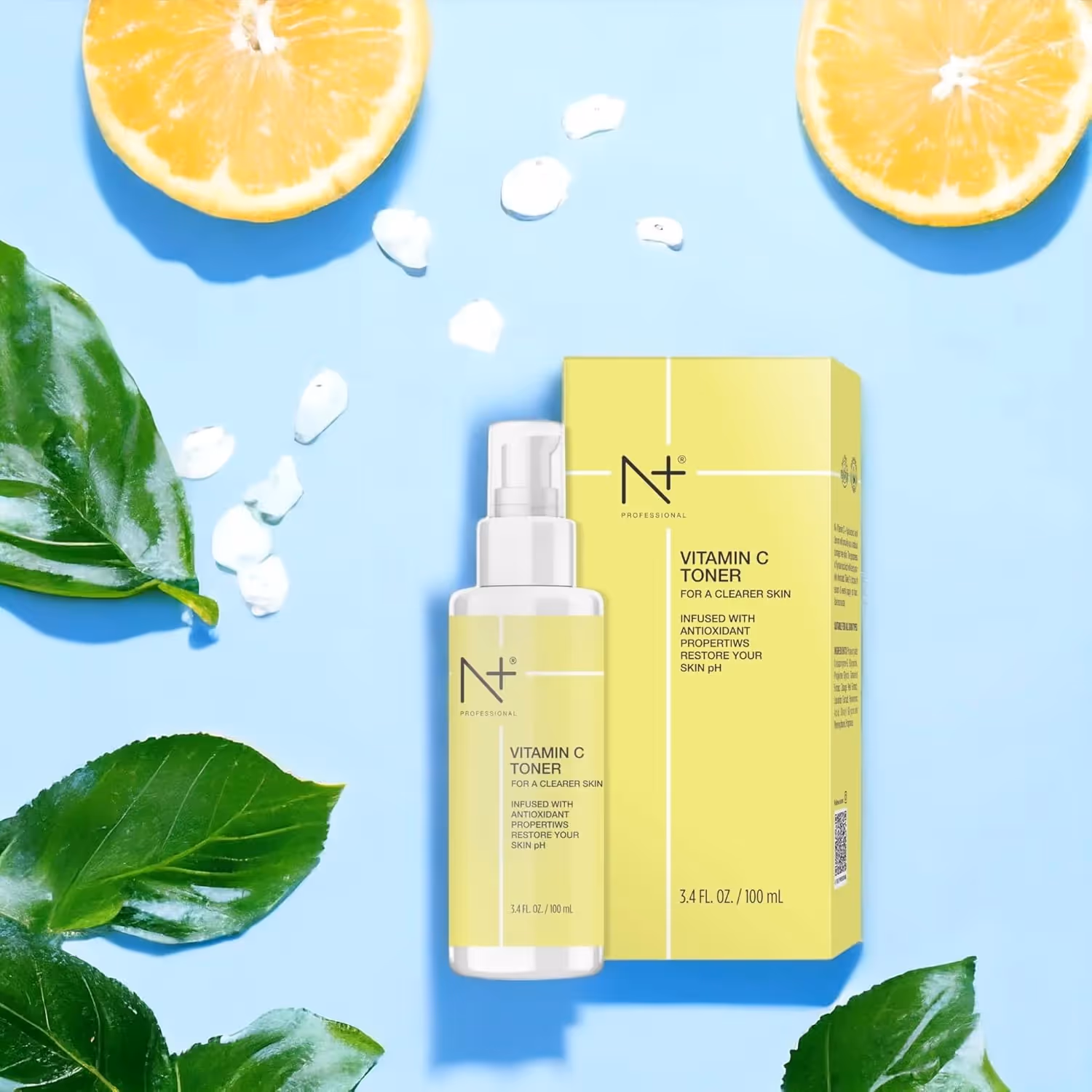 A 100 ml of N+ Professional Vitamin C Toner transparent spray bottle with a white nozzle and cap & an outer box.
