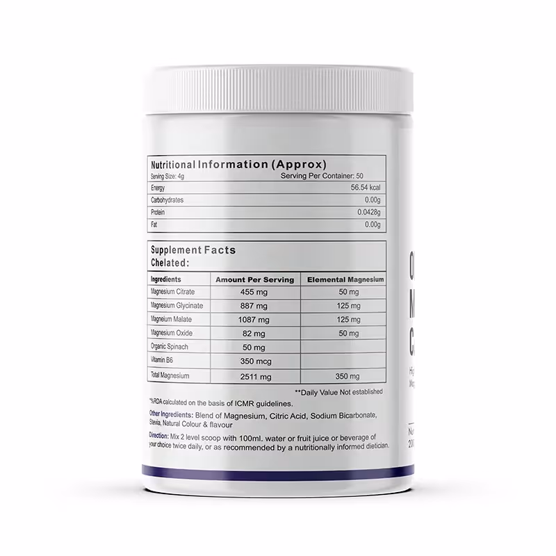 The back cover of Optimal Magnesium Care powder box featuring the ingredients.