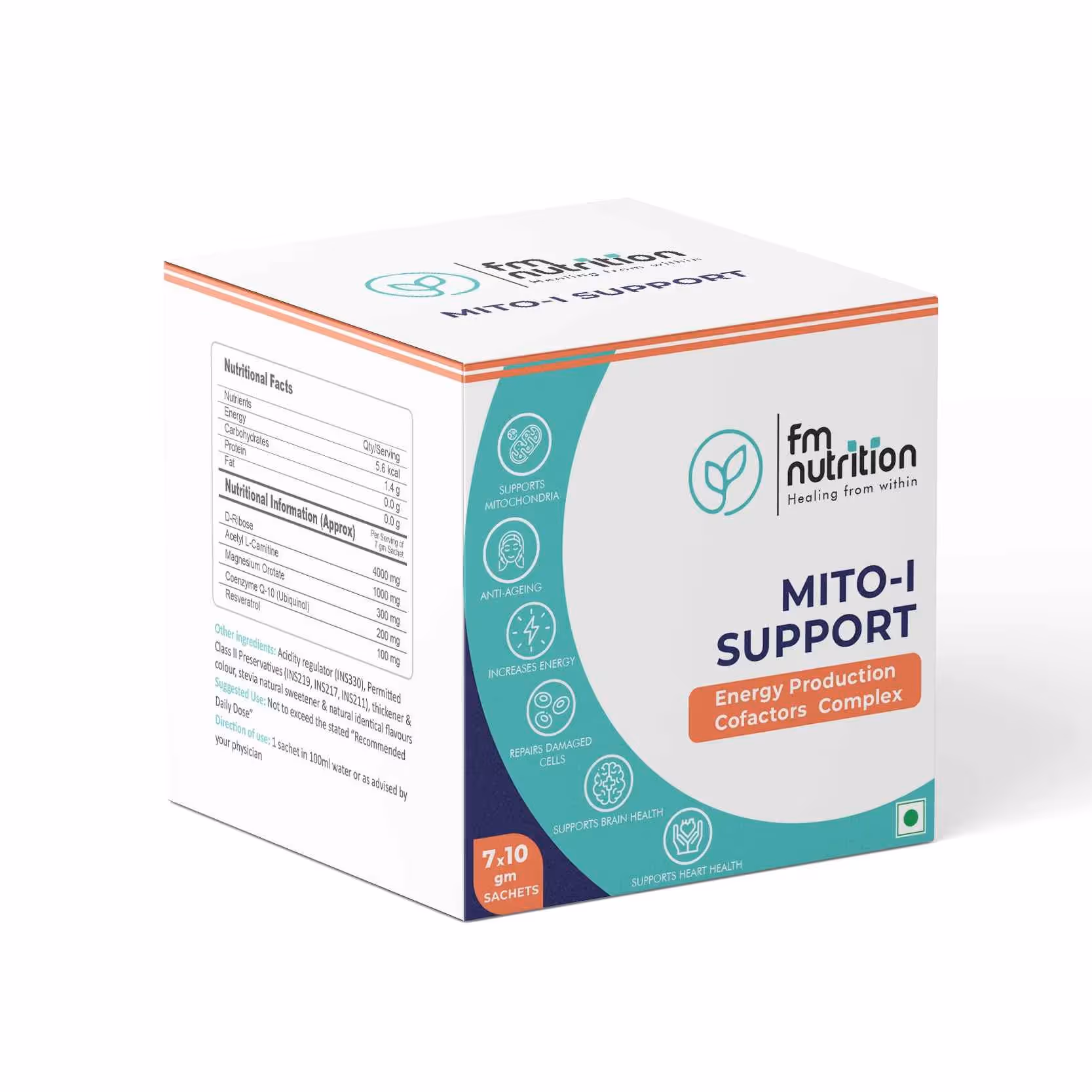 The box of FM Nutrition Mito-I Support featuring its benefits