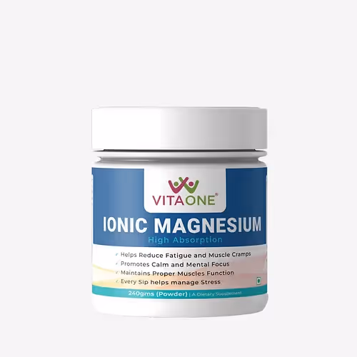  A white plastic jar with a screw-on lid of VitaOne Ionic Magnesium Powder.