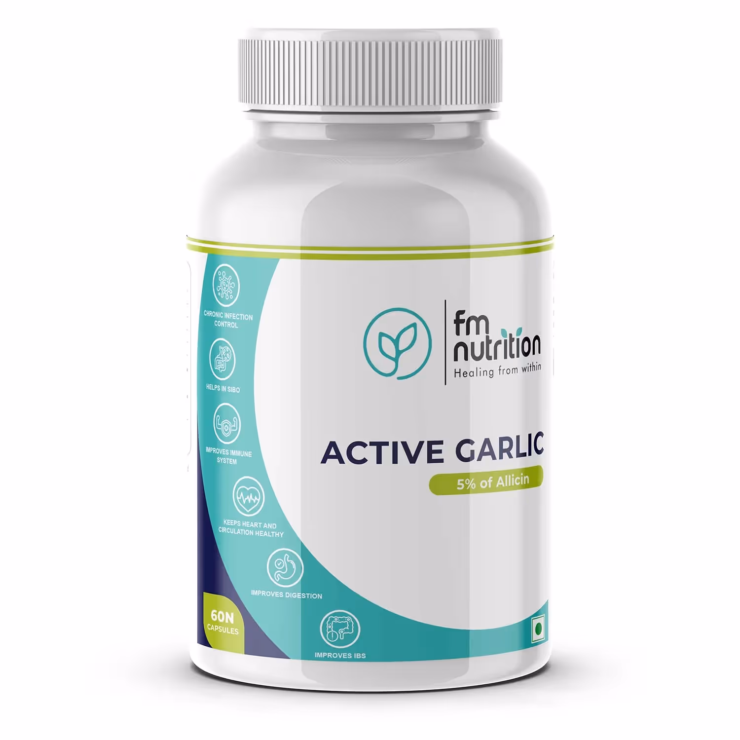 A box of FM Nutrition Active Garlic capsules featuring its benefits.