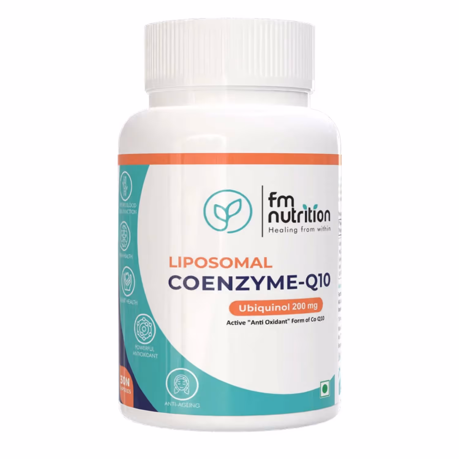 A box of FM Nutrition Liposomal CoQ10 featuring its benefits.