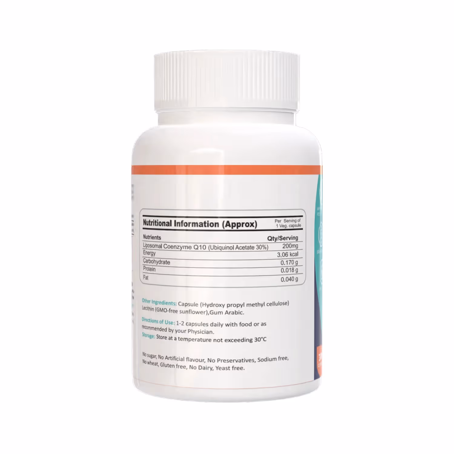 The back cover of FM Nutrition Liposomal CoQ10 box enlisting the ingredients