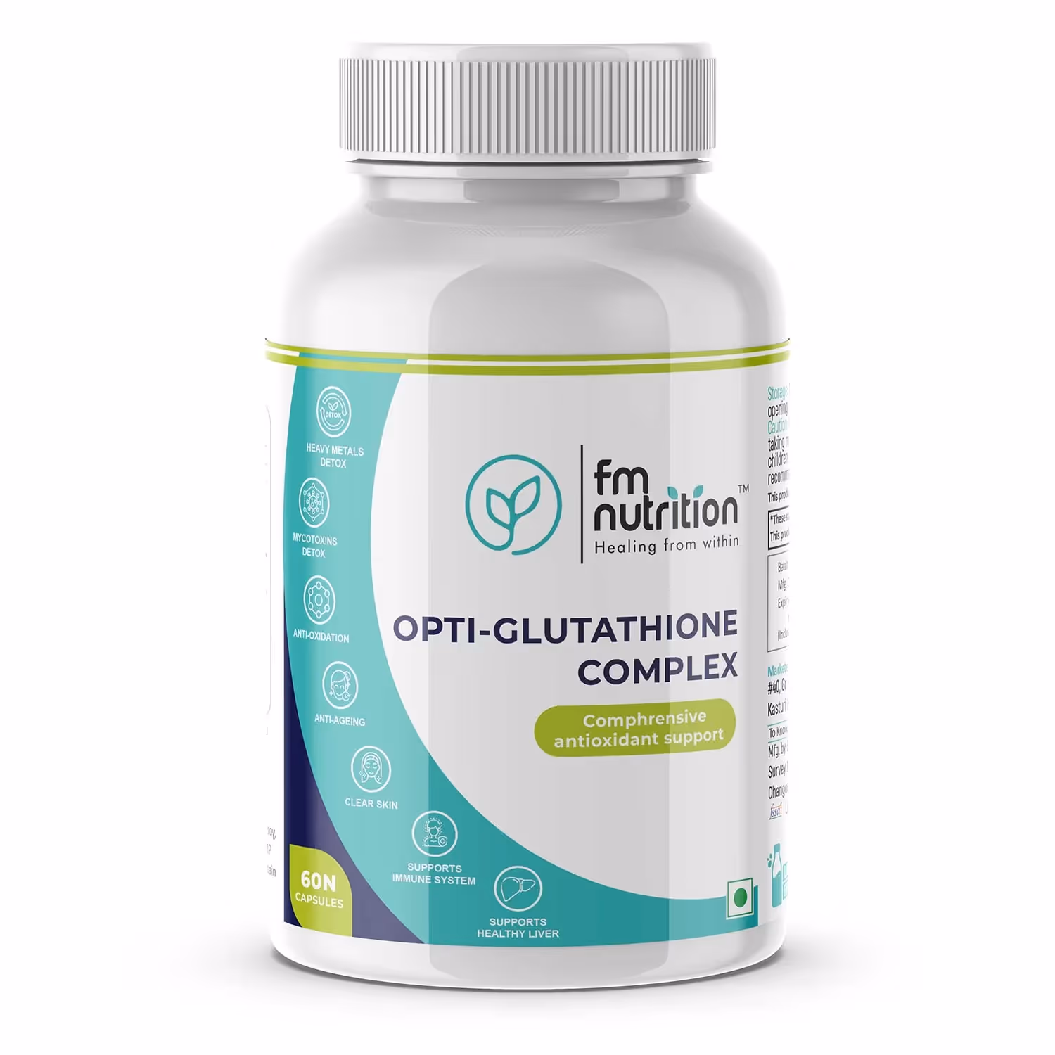 A box of FM Nutrition Opti-Glutathione Complex capsules featuring its benefits.