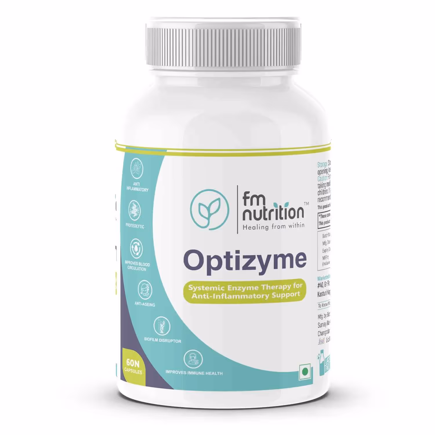 A box of FM Nutrition Optizyme capsules featuring its benefits.