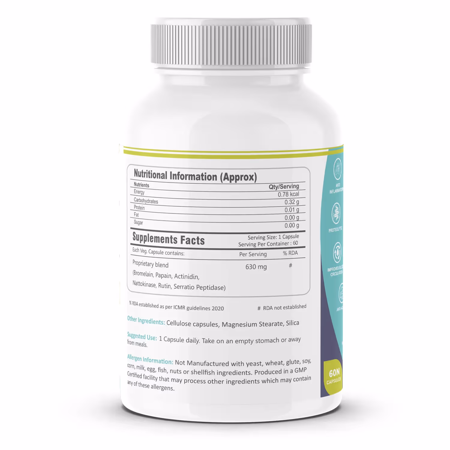 The back cover of FM Nutrition Optizyme capsules enlisting the ingredients.