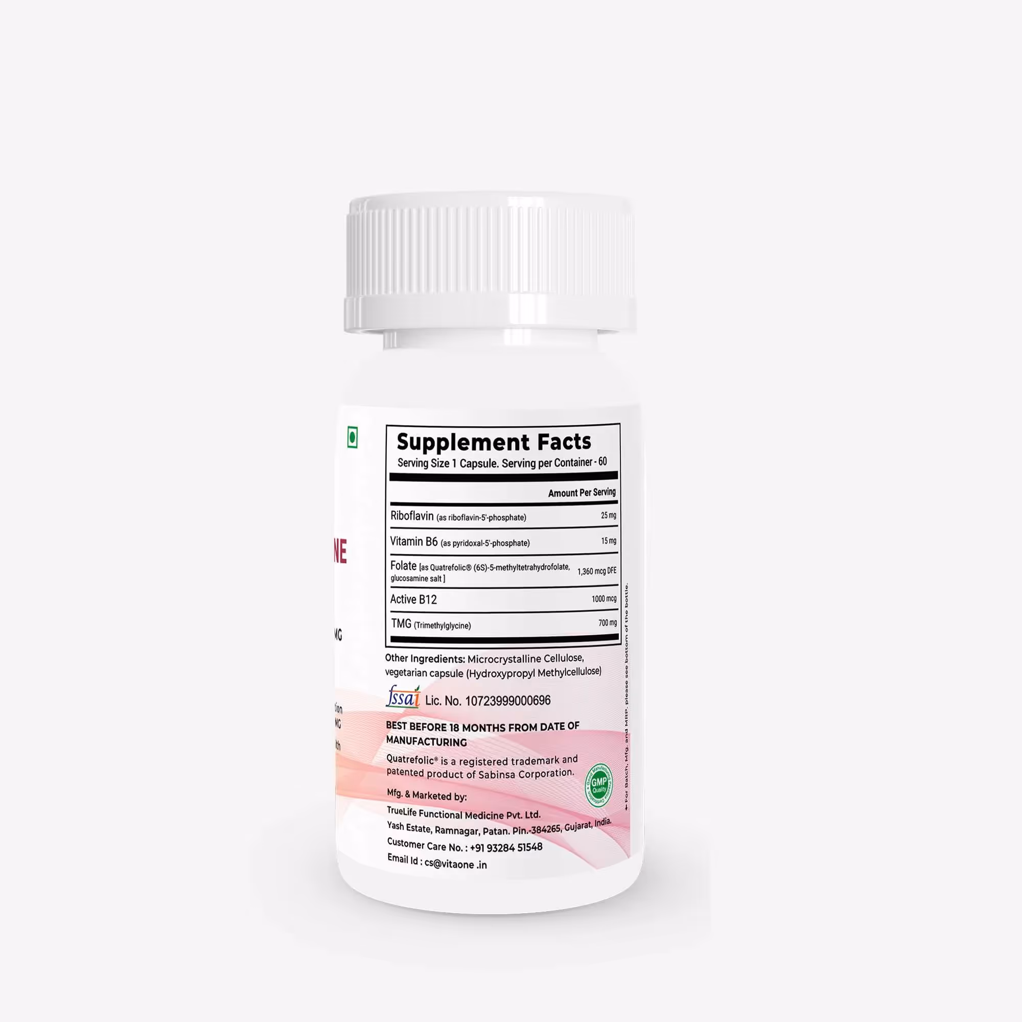The back cover of VitaOne Homocysteine Defence capsules enlisting its ingredients.