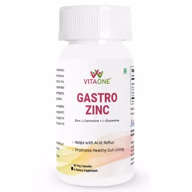 A box of VitaOne Gastro Zinc Carnosine capsules featuring its unique features.