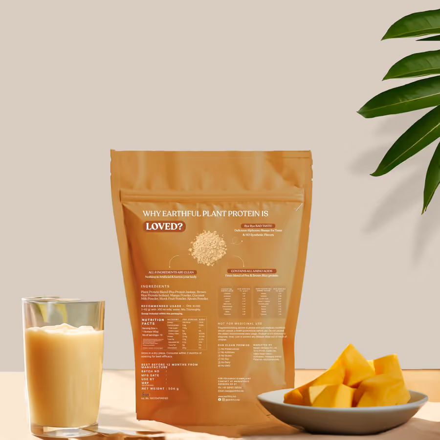 An artboard of the back cover of Honest Plant Protein – Alphonso Mango powder pouch along with a glass filled with milk and powder mix and a plate of alphonso mangoes.