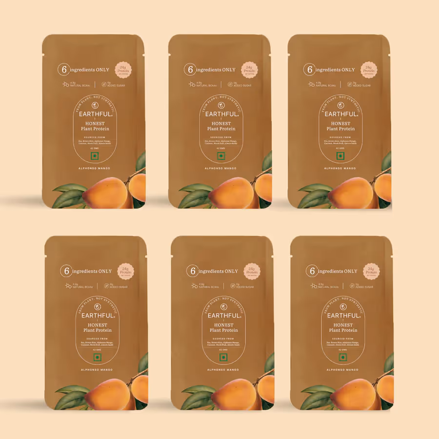 6 sachets of Honest Plant Protein – Alphonso Mango powder.