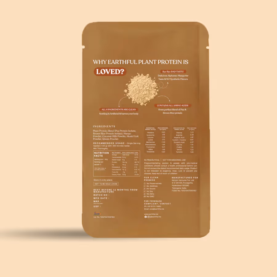 The back cover of Honest Plant Protein – Alphonso Mango powder sachet featuring its ingredients and nutrient facts.