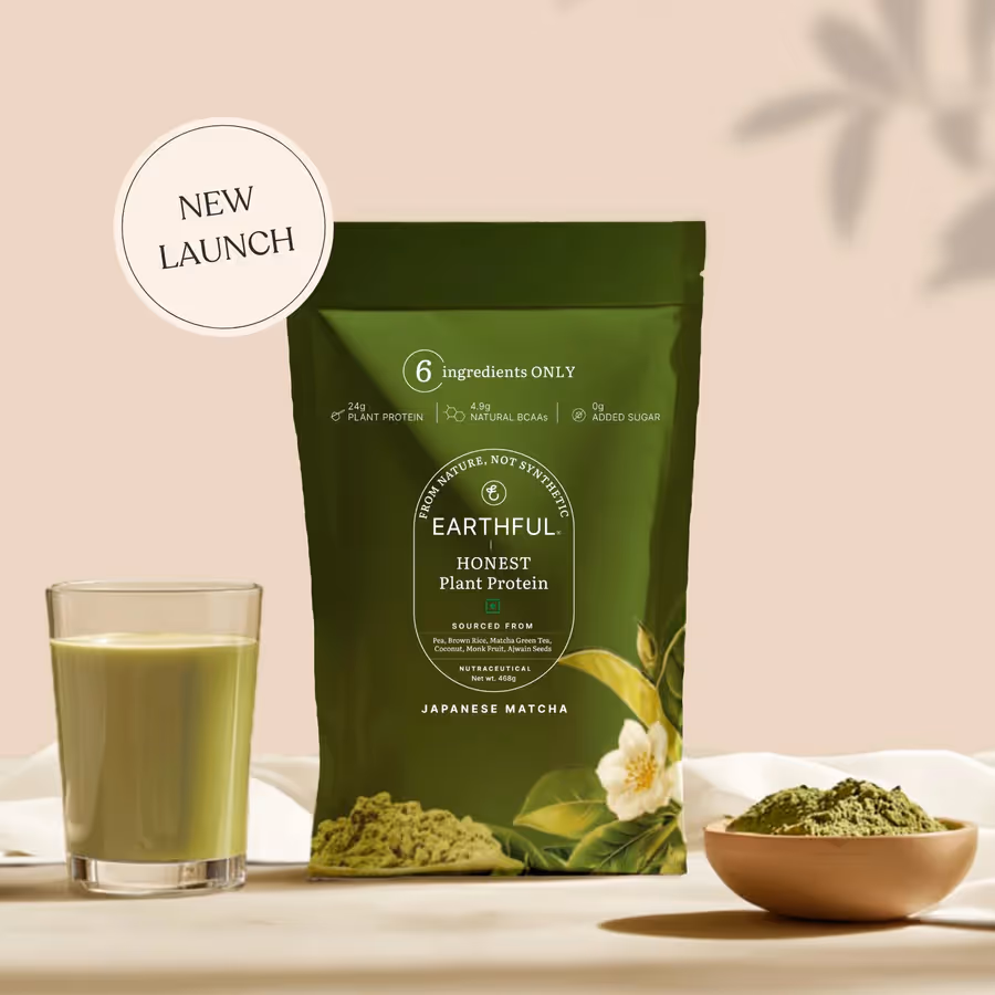 An artboard of a pouch of Honest Plant Protein –Japanese Matcha powder along with a glass filled with mix of milk and powder.