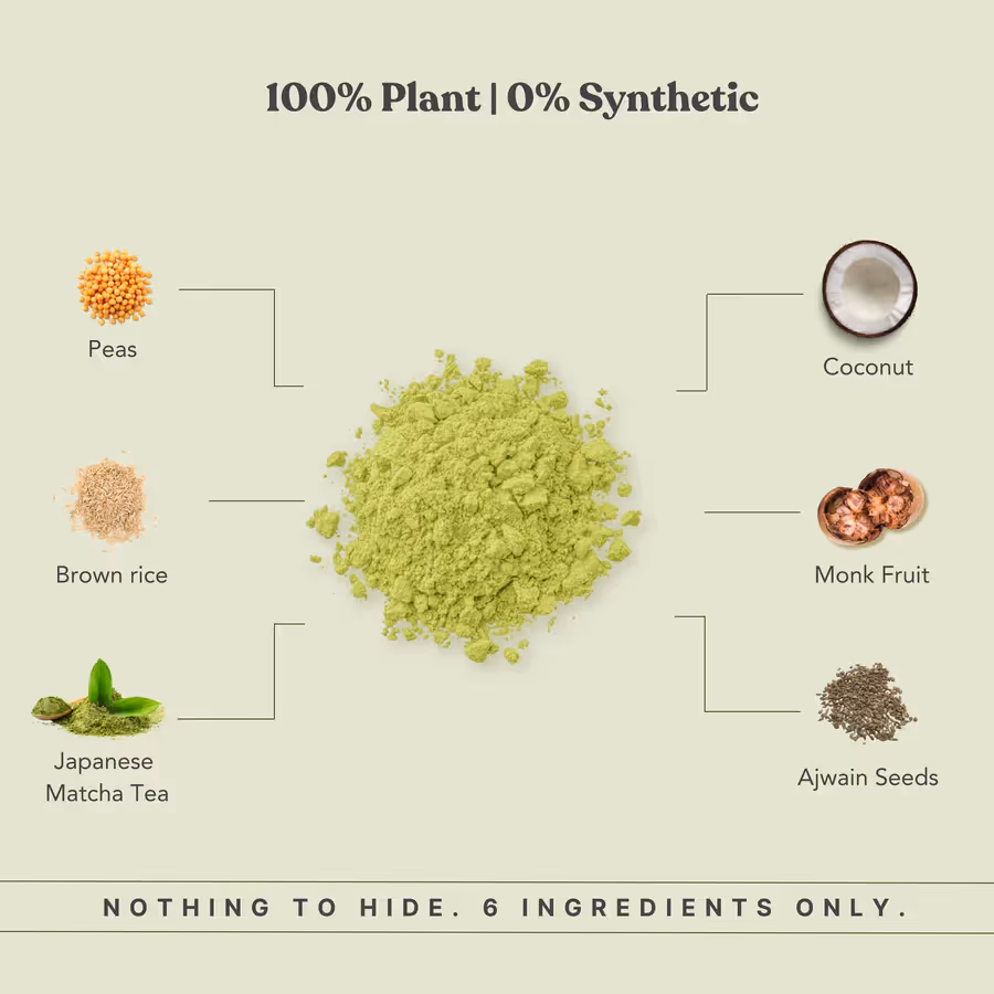 An artboard featuring the ingredients of Honest Plant Protein - Japanese Matcha powder.