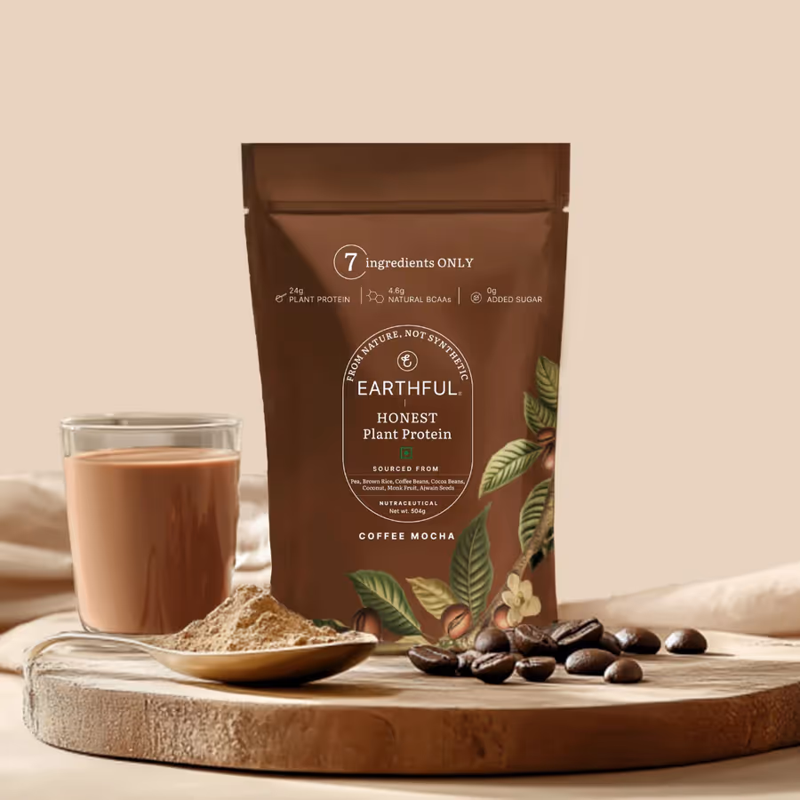 An artboard of a pouch of Honest Plant Protein – Coffee Mocha powder along with a glass filled with mix of milk and powder.