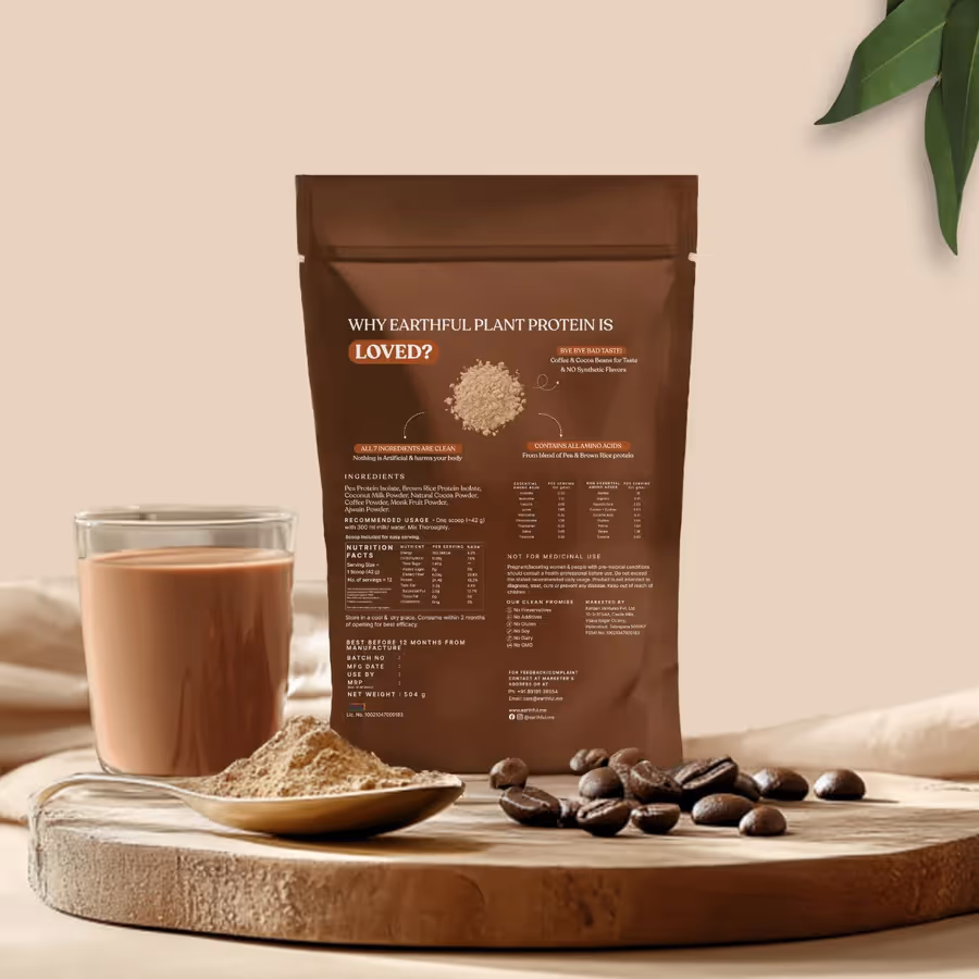 An artboard of the back cover of Honest Plant Protein – Coffee Mocha powder pouch along with a glass filled with milk and powder mix.