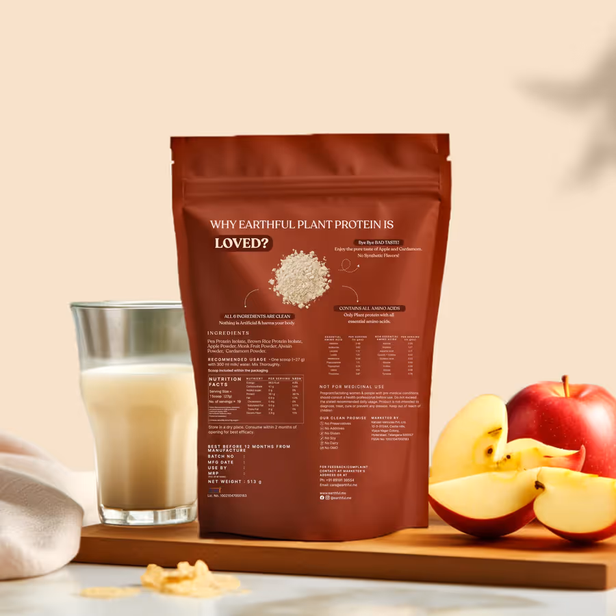 An artboard of the back cover of Honest Plant Protein – Apple powder pouch along with a glass filled with milk and powder mix and a plate of apples.