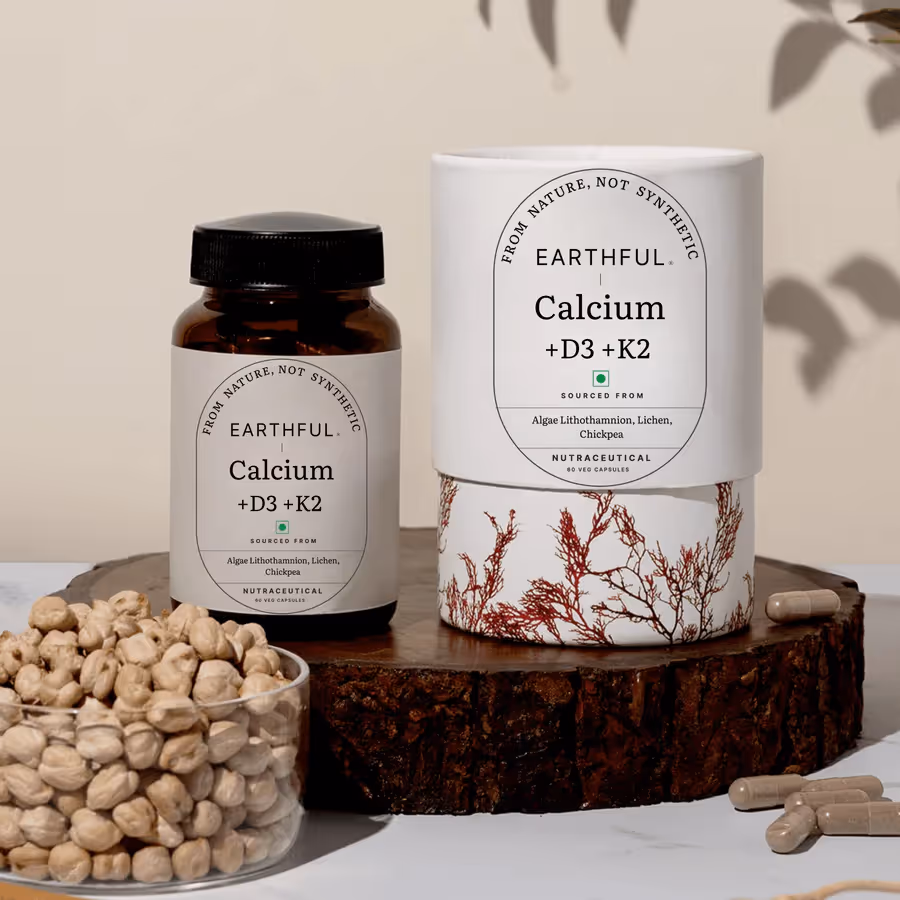 A bottle of 30 capsules of Earthful Calcium + D3 + K2 with its outer cover.