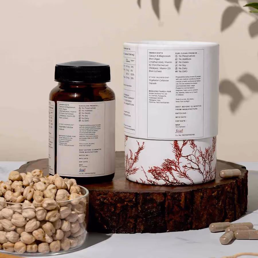The back cover of Earthful Calcium + D3 + K2 capsule bottle featuring its ingredients and nutrient facts.