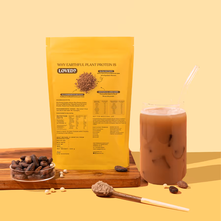 An artboard of the back cover of Honest Plant Protein – Indonesian Cocoa powder pouch along with a glass filled with milk and powder mix.