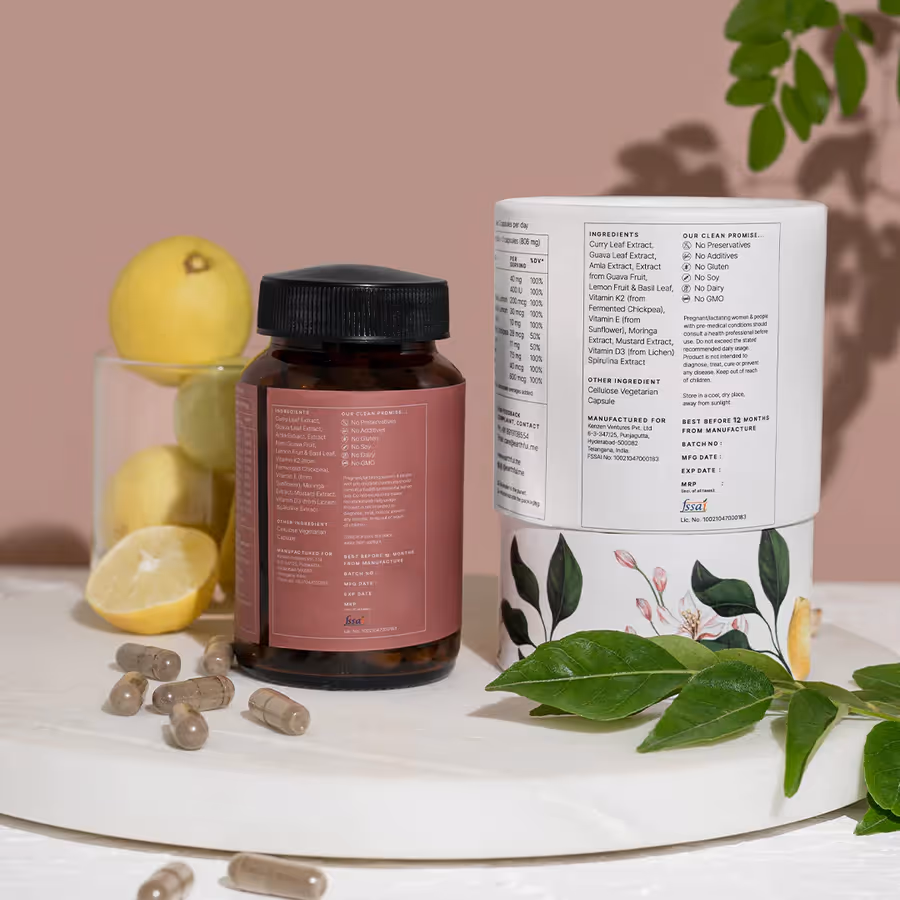 The back cover of Earthful Multivitamin Women 18+ capsule bottle featuring its ingredients.