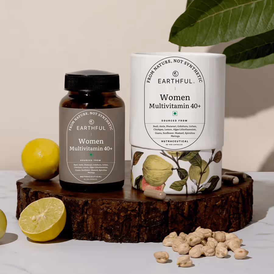 The bottle of Earthful Multivitamin Women 40+ capsules alongside its outer cover.