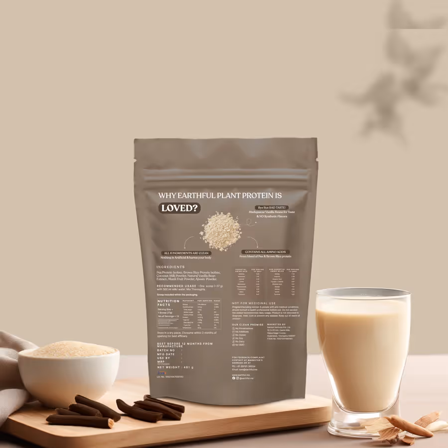 The back cover of Honest Plant Protein – Madagascar Vanilla powder featuring its ingredients.