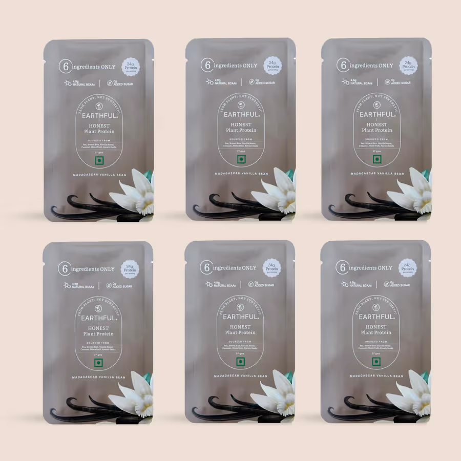 6 sachets of Honest Plant Protein – Madagascar Vanilla powder.