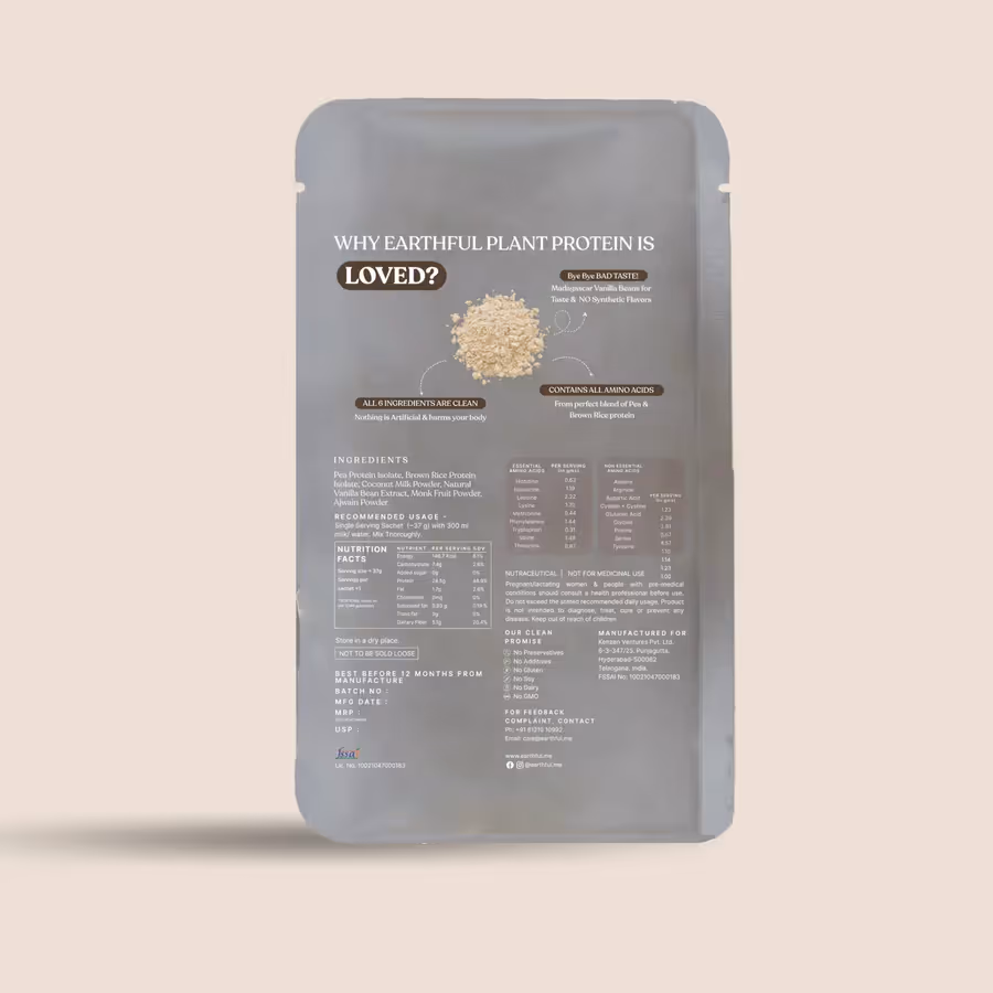 The back cover of Honest Plant Protein – Madagascar Vanilla powder sachet.