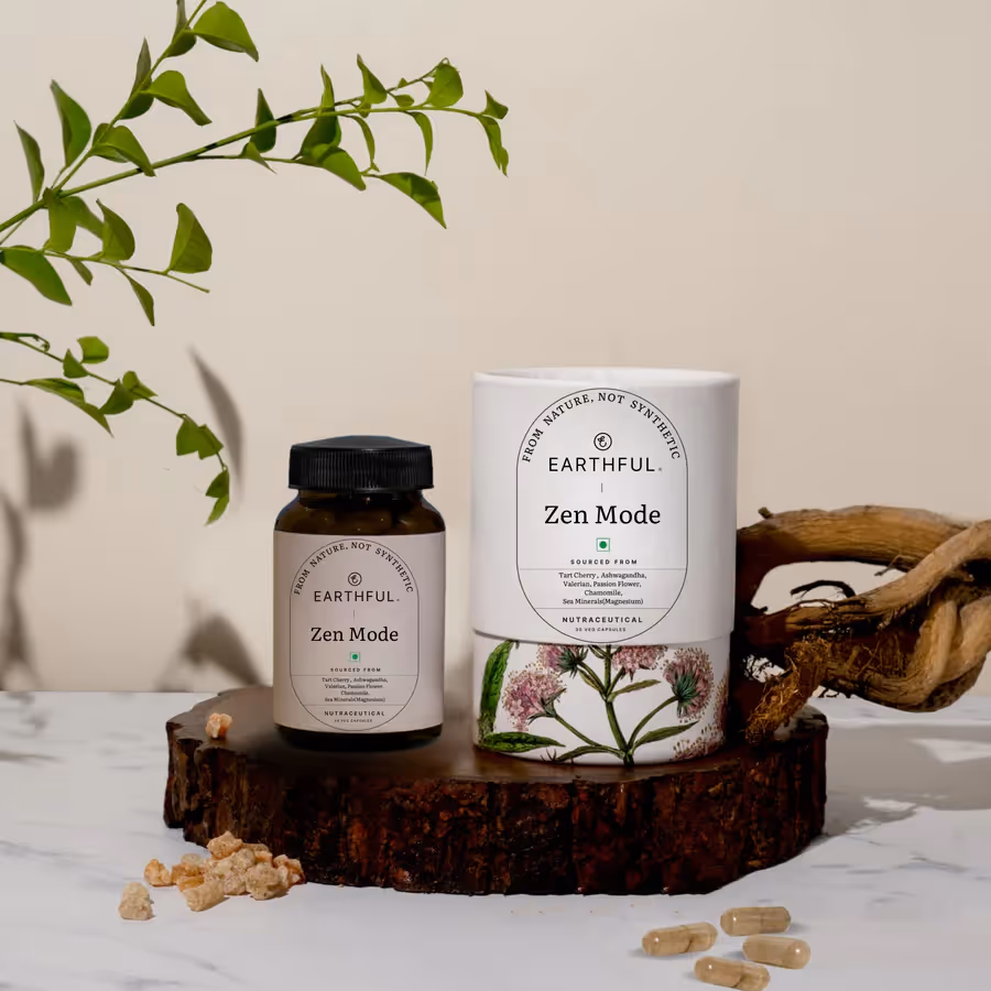 The bottle of Earthful Zen Mode Capsules alongside its outer cover.