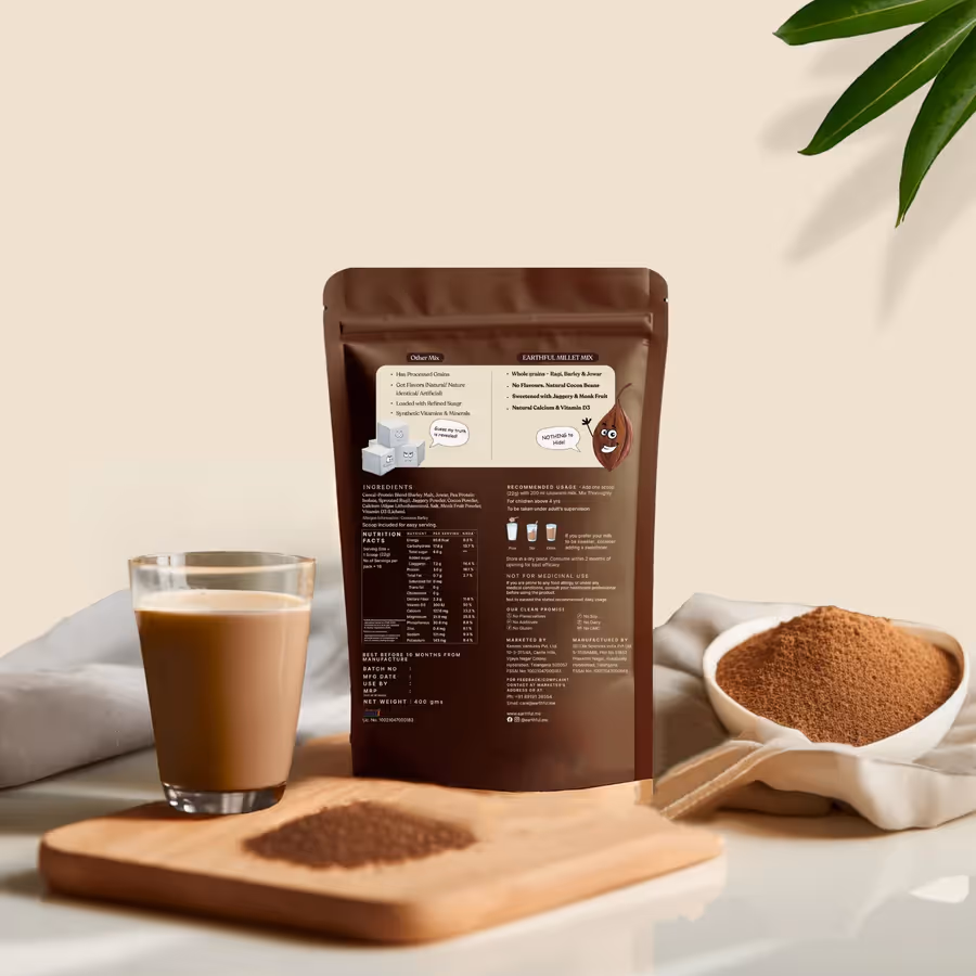 The back cover of Earthful Kids Millet Mix featuring its ingredients.