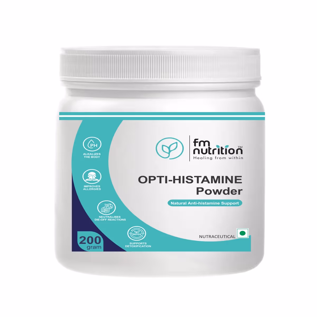 A box of 200gm of FM Nutrition Opti-Histamine powder featuring its benefits.