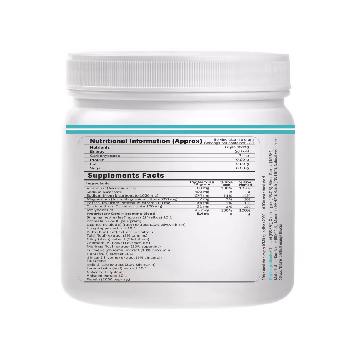The back cover of FM Nutrition Opti-Histamine powder box featuring its ingredients.