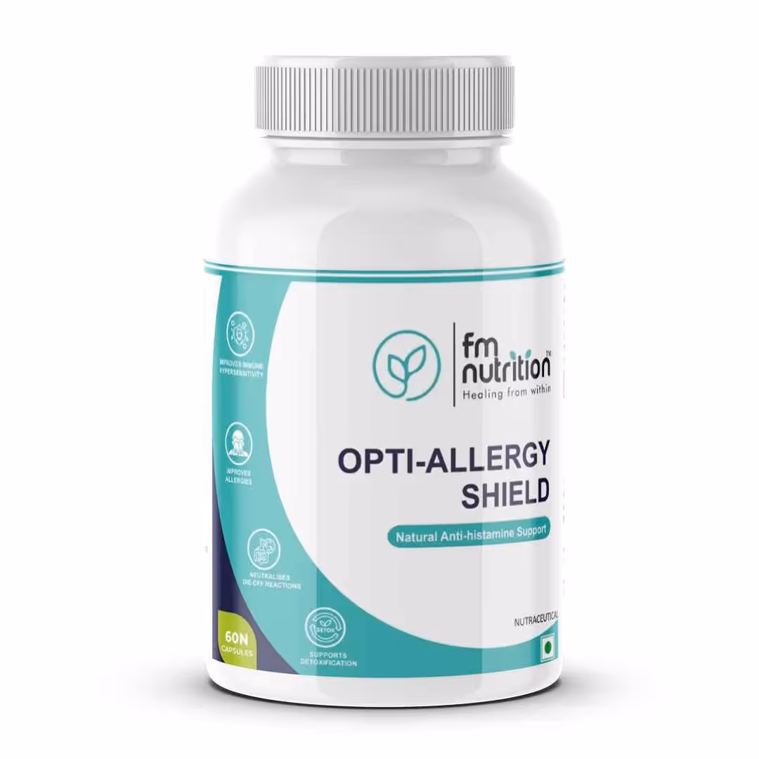 A box of FM Nutrition Opti-Allergy Shield capsules featuring its benefits.