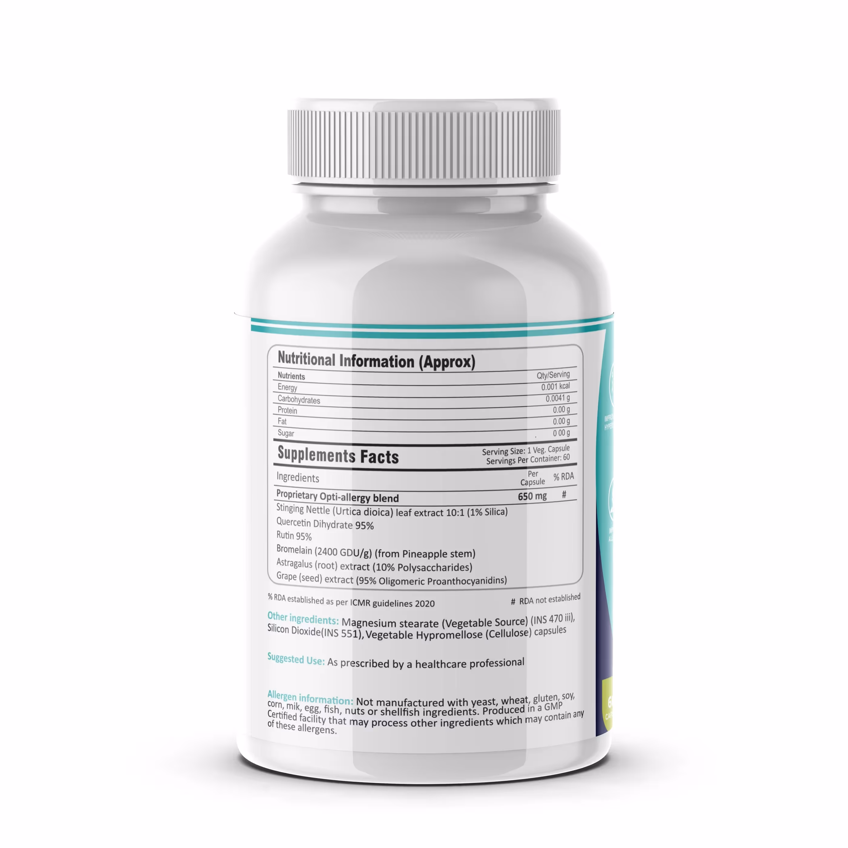 The back cover of FM Nutrition Opti-Allergy Shield capsule box enlisting all the ingredients.