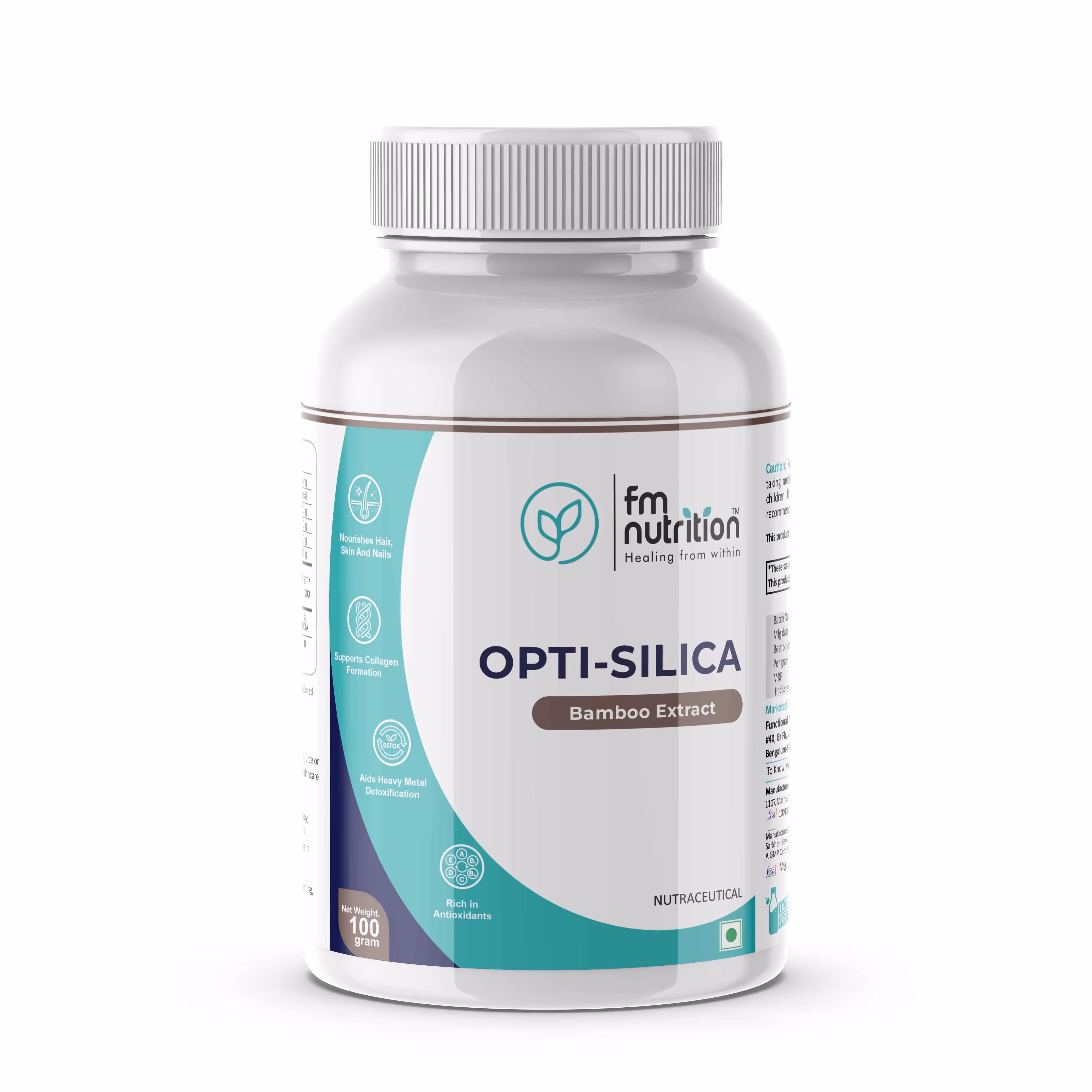 A box of FM Nutrition Opti-Silica capsules featuring its benefits.