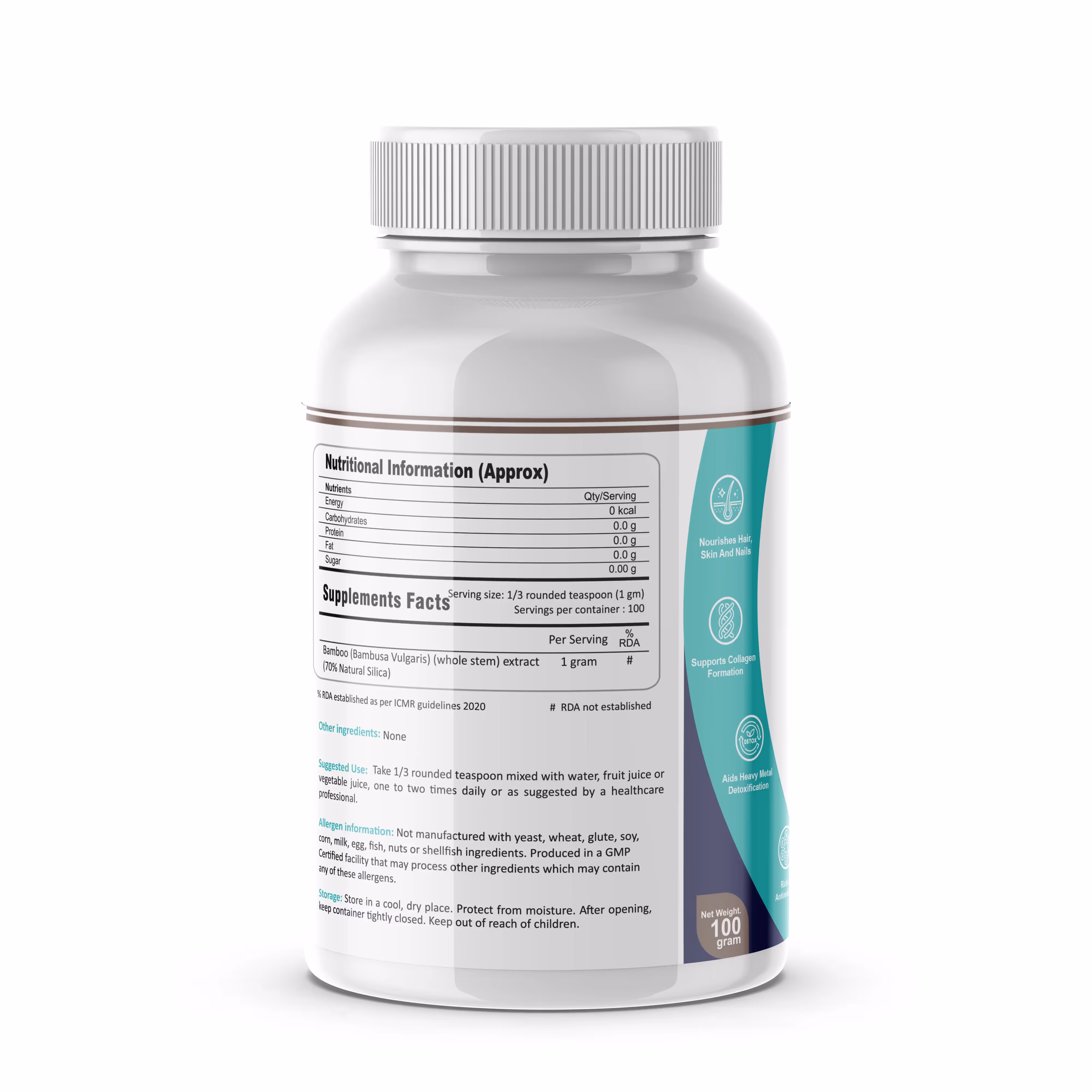 The back cover of FM Nutrition Opti-Silica capsule box featuring its ingredients.