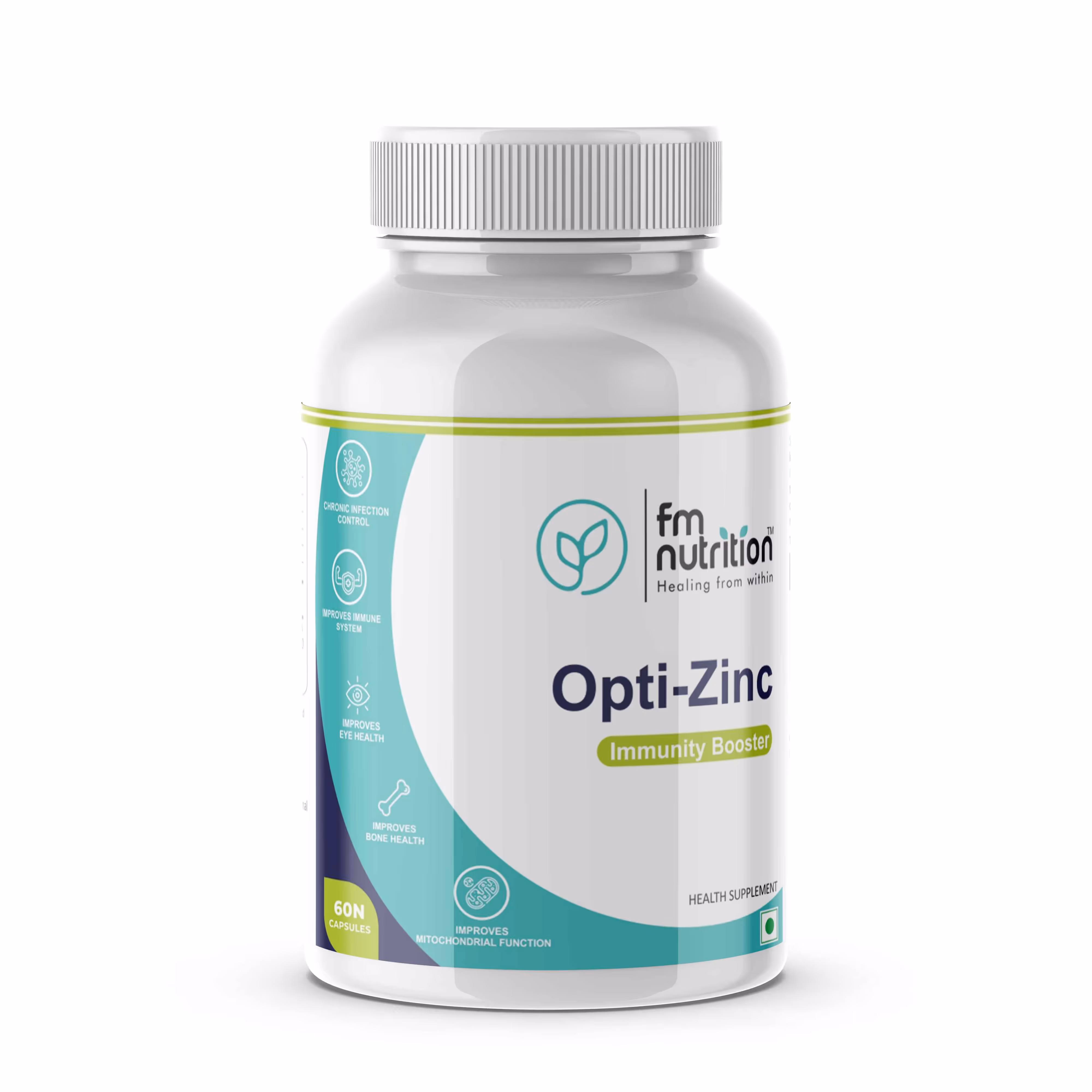 A box of FM Nutrition Opti-Zinc capsules featuring its benefits.