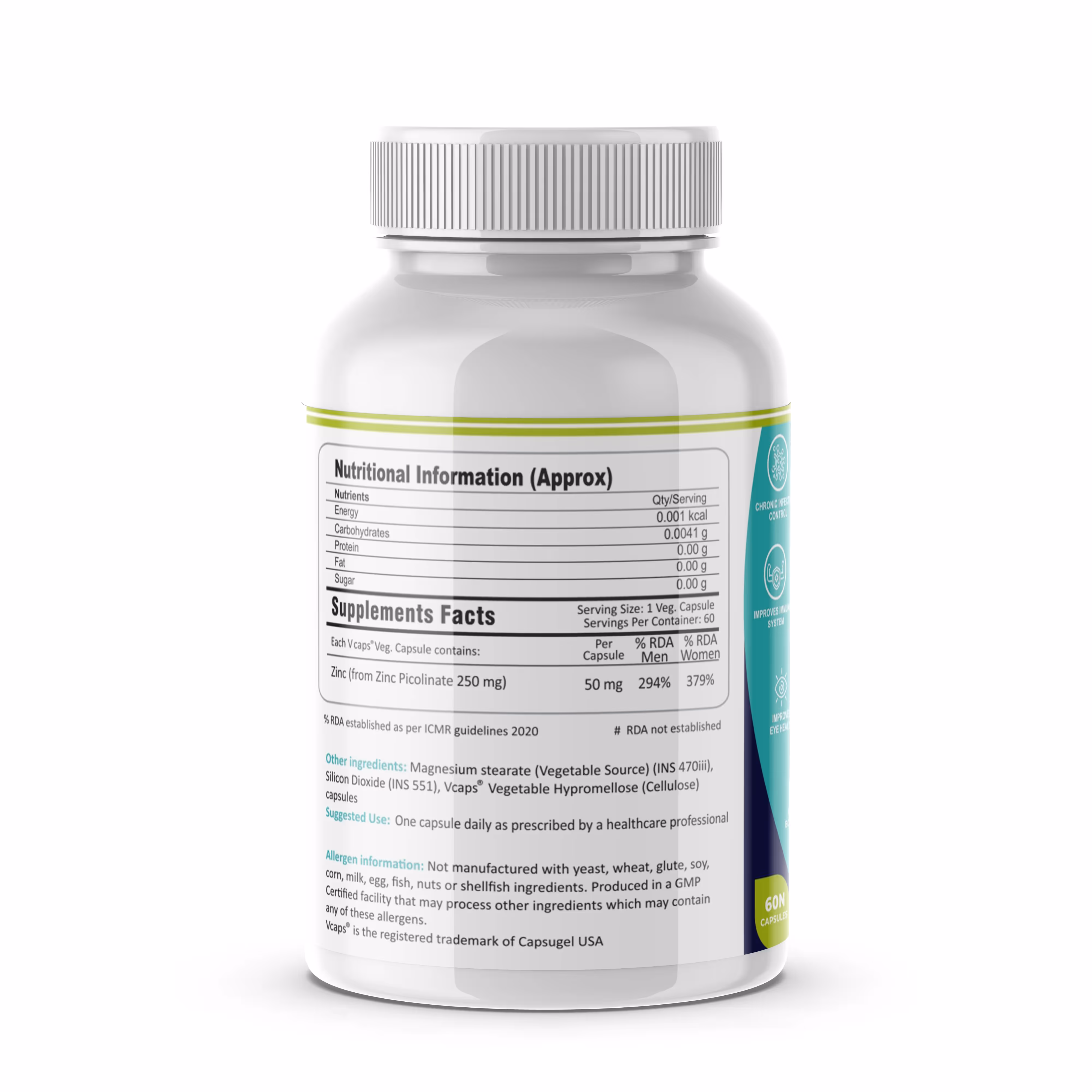 The back cover of FM Nutrition Opti-Zinc capsule box featuring its ingredients.
