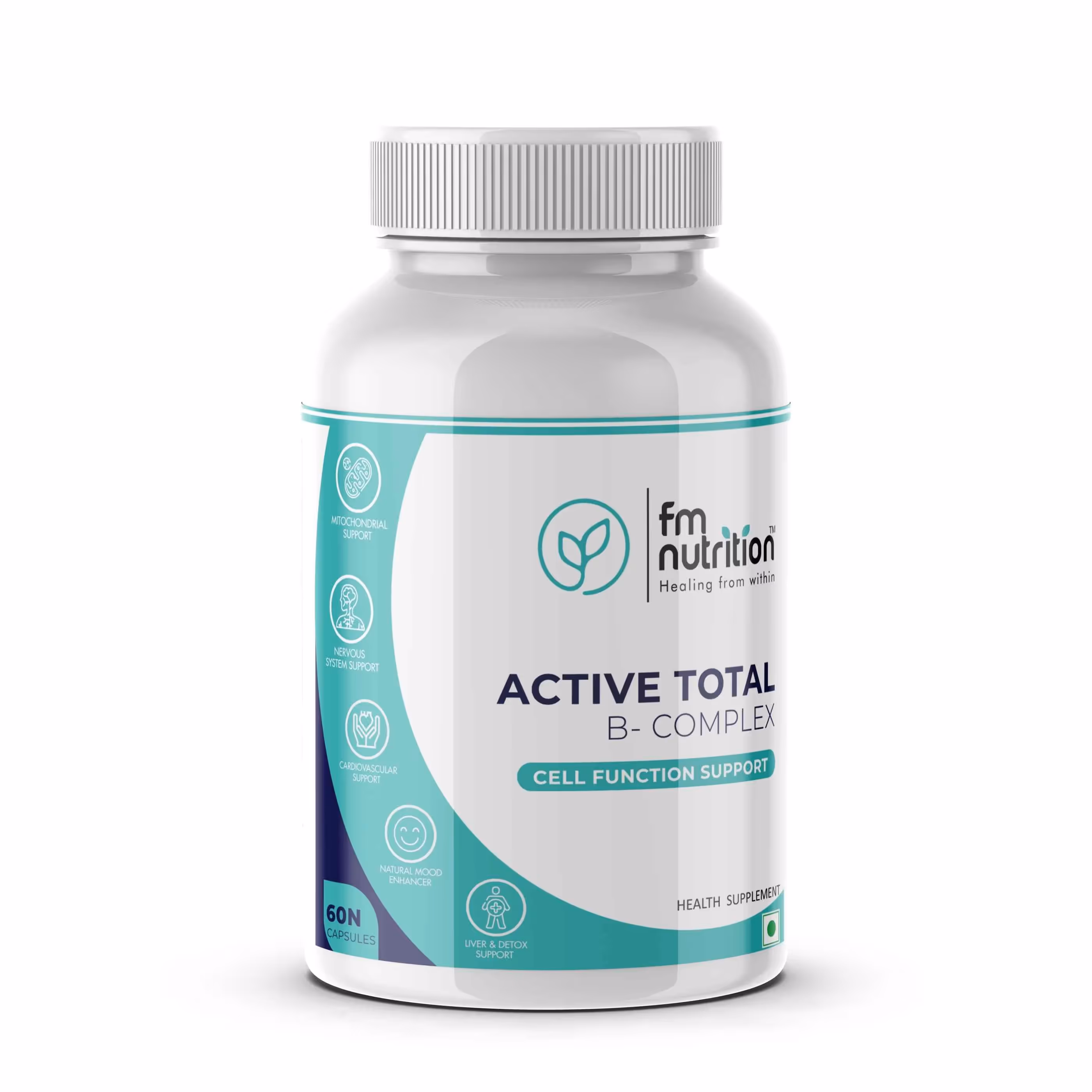 A box of FM Nutrition Active Total B Complex capsules featuring its benefits.