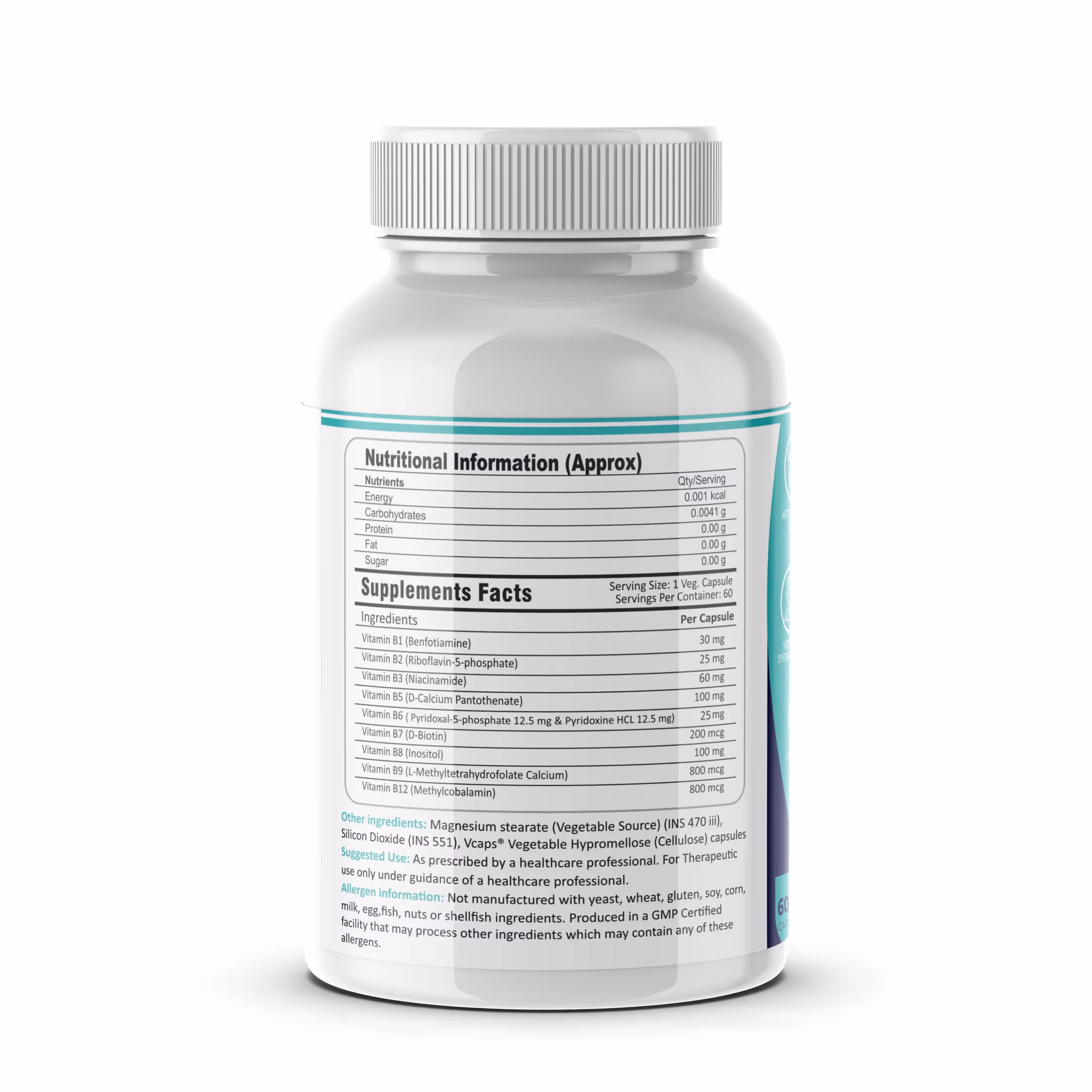 The back cover of FM Nutrition Active Total B Complex capsule box featuring its ingredients.