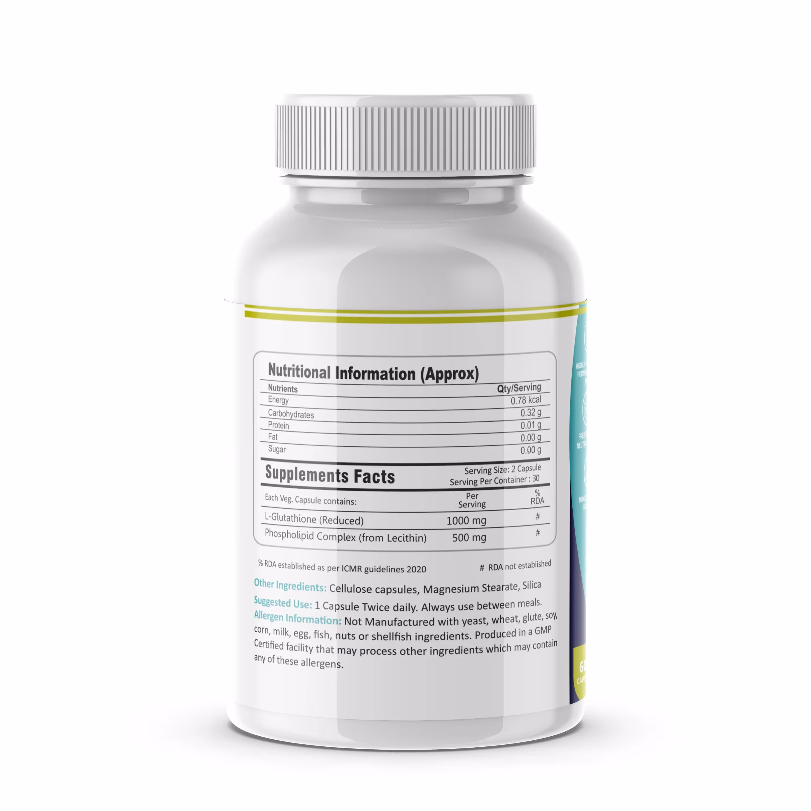 The back cover of FM Nutrition Lipo-Glutathione capsule box featuring its ingredients.